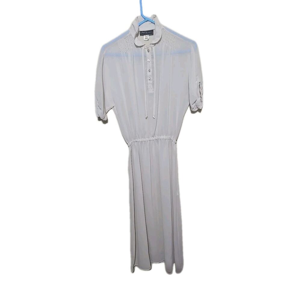 Vtg 80s Hotline‎ Beige Collared Semi-Sheer Midi Shirt Dress Womans Size 5/6
